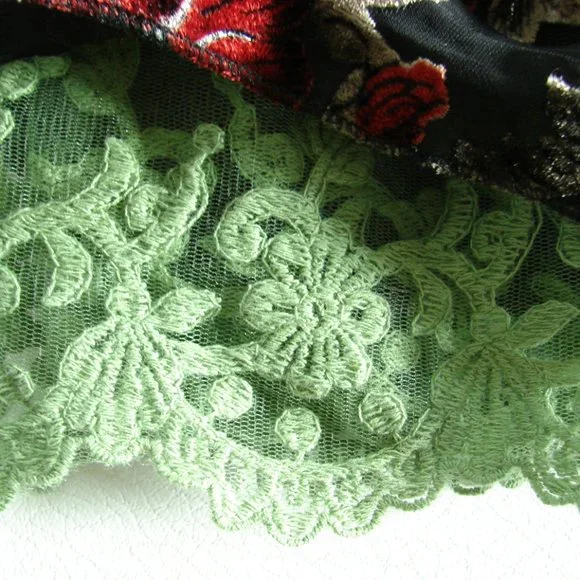 Floral Velvet Burn Out Burgundy Green Lace Dress L - Picture 12 of 16